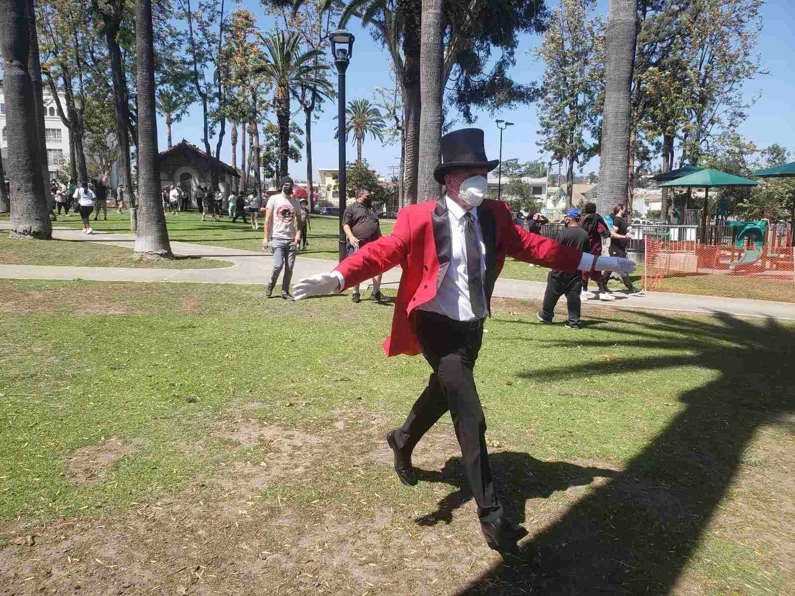 Man with top hat at echo park lake reopening
